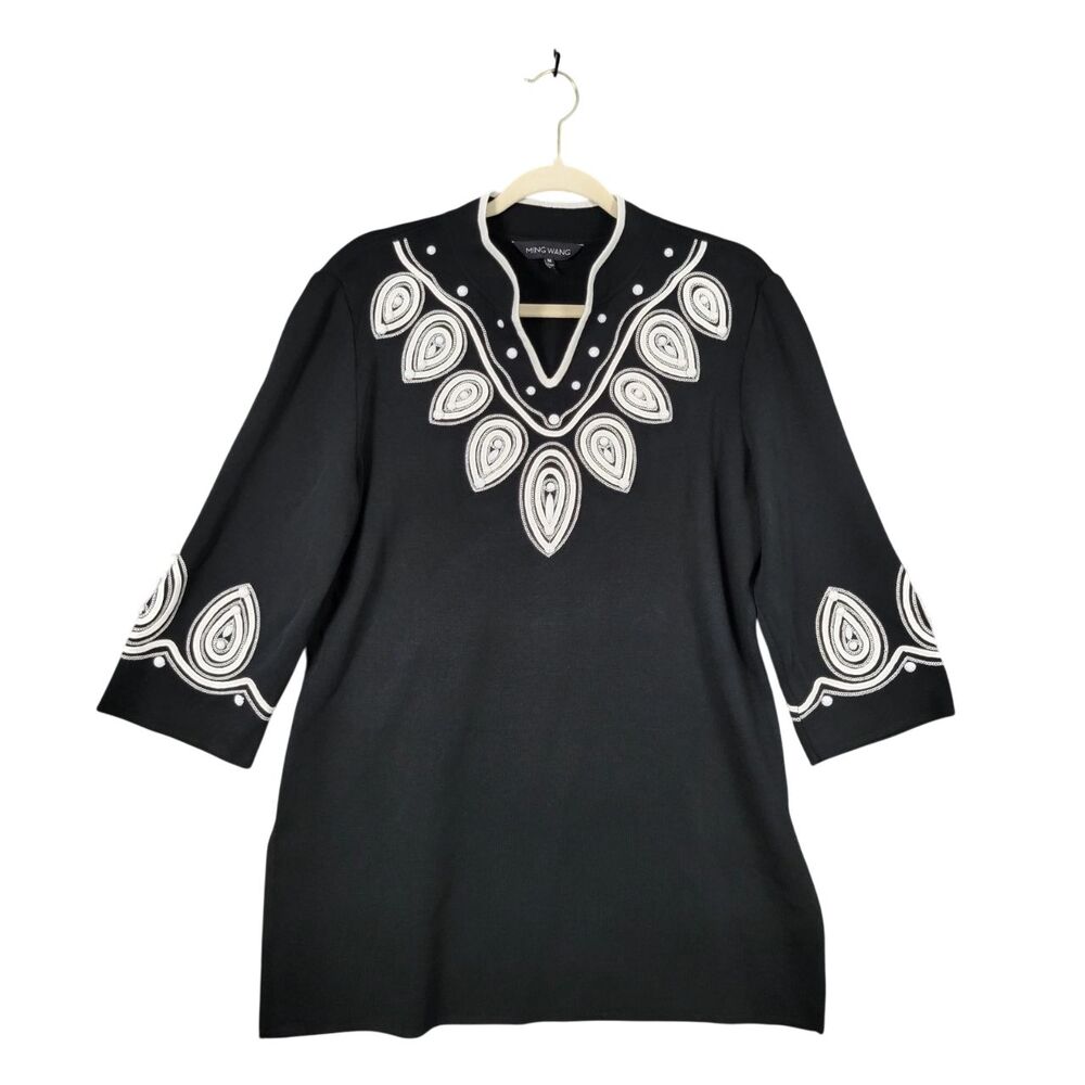 MING WANG Black Embroidered Beaded 3/4 Sleeve Artsy Boho Tunic Top SIZE MEDIUM